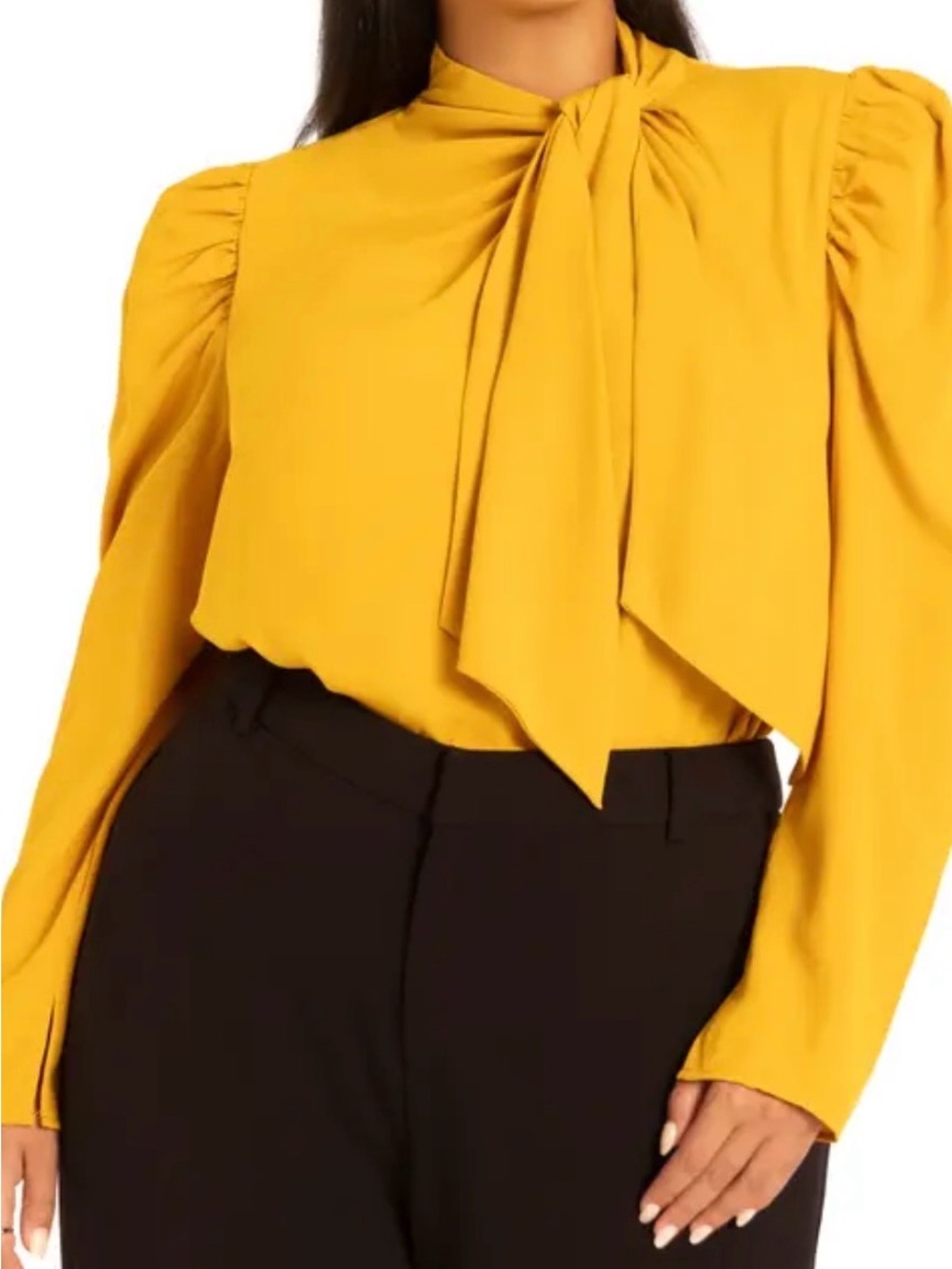 Eloquii Tie-Neck Puff Sleeve Blouse in Mustard Yellow (26W)